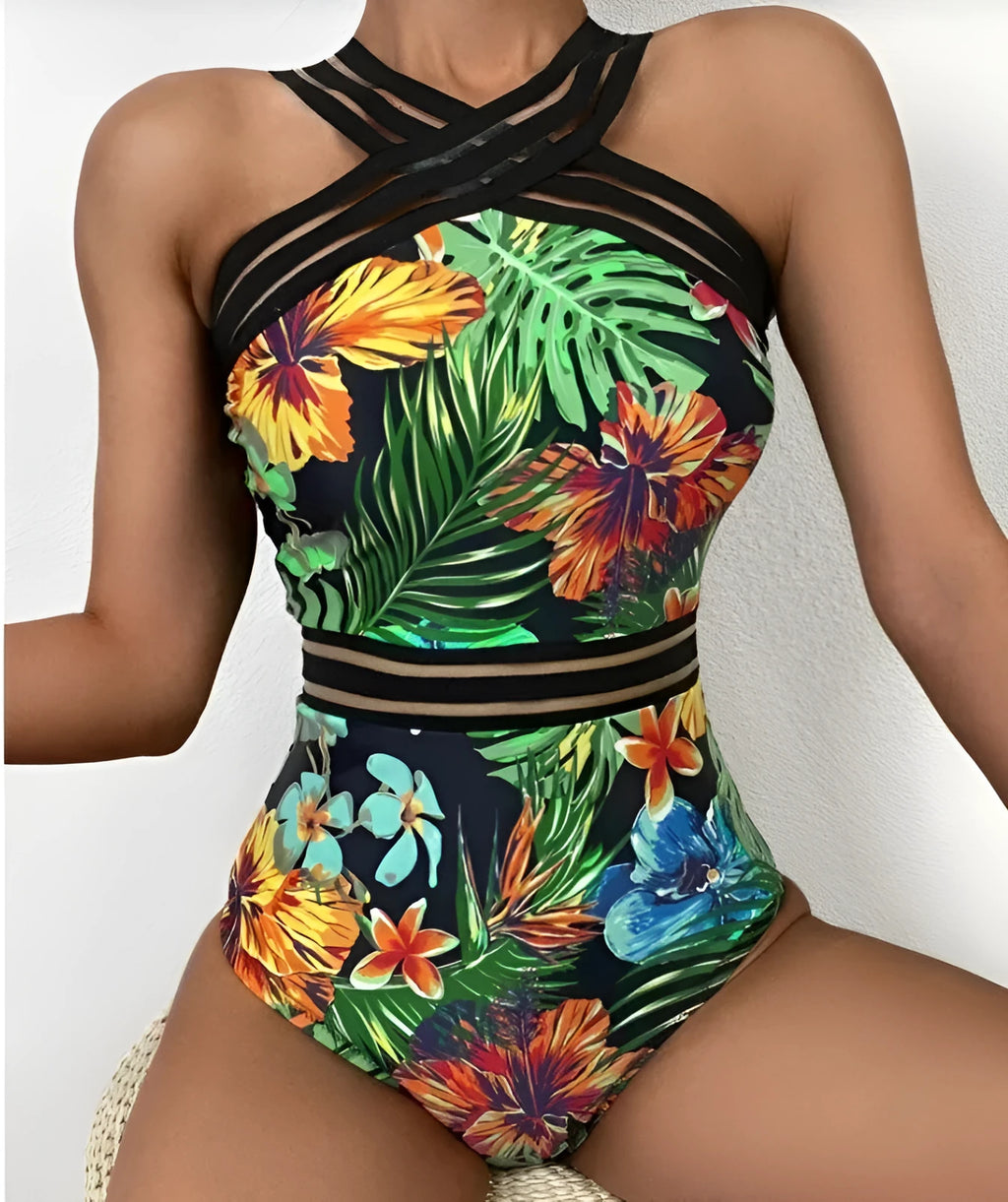One-piece printed bikini swimsuit in black flower colour with polyester fabric and built-in chest pads