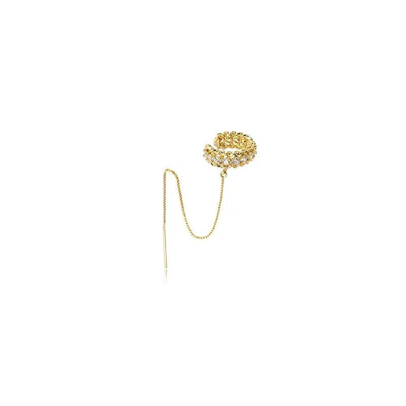 Gold C-shaped diamond fringe earrings on copper base minimalist geometric design women's drop earrings