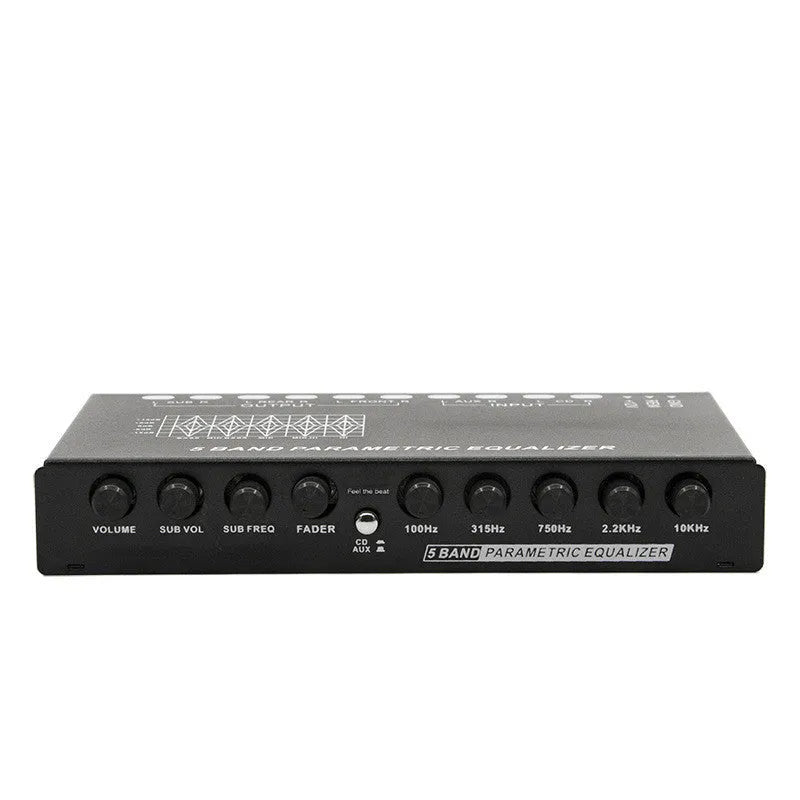 Black car audio EQ equaliser amplifier with control panel showing frequency and volume adjustments
