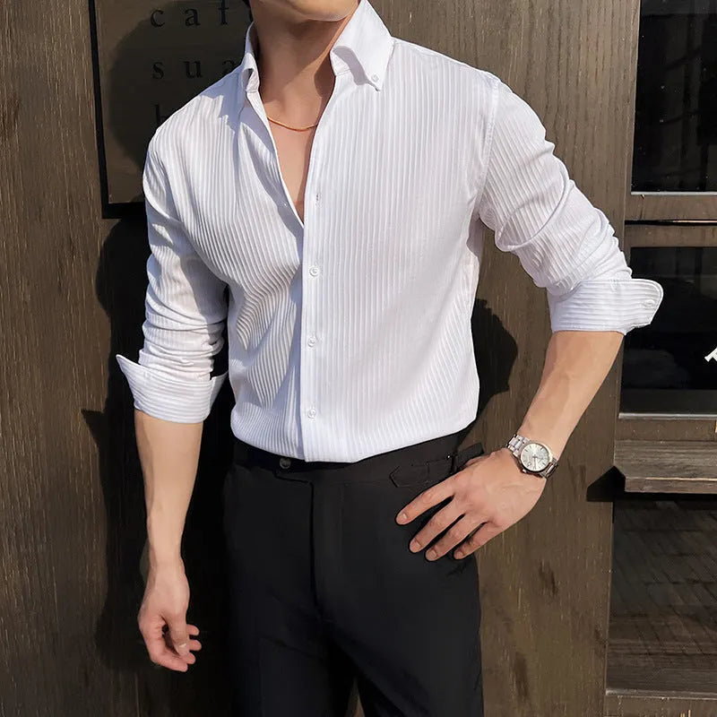 Men's dark stripes V-neck long sleeve shirt in black brown green white casual cardigan style