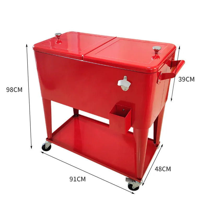 Red outdoor metal insulated cart with ice bucket functionality and 750ml capacity