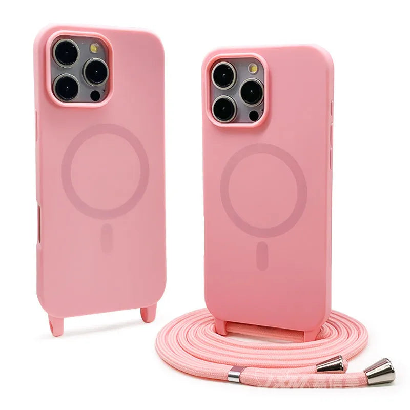 Magnetic lanyard phone case for iPhone in black with crossbody lanyard and protective edges