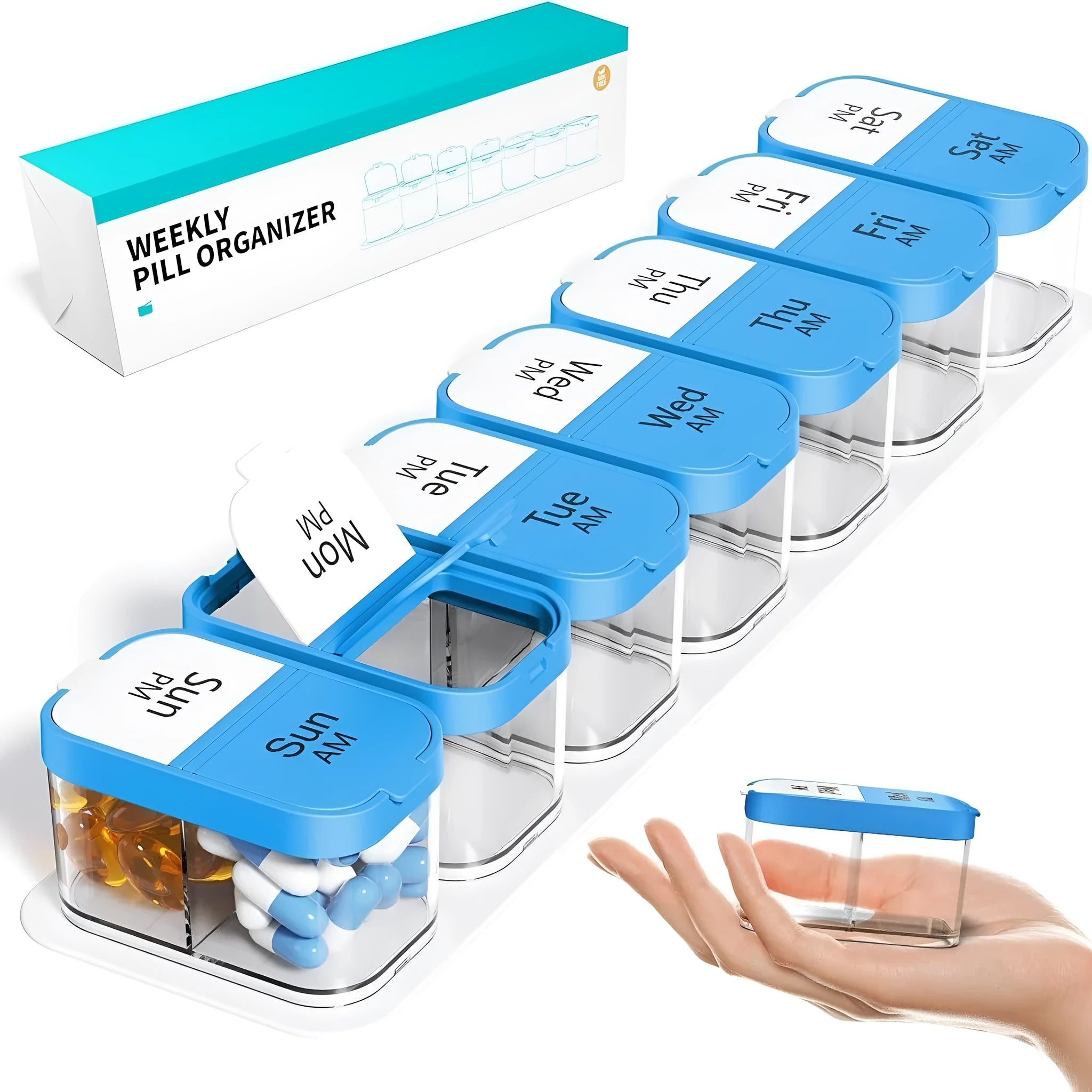 Amazon extra large portable pill dispenser with 14 removable compartments in white or rainbow colours
