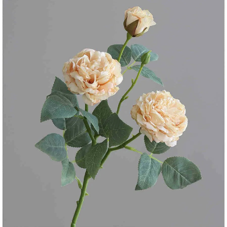 Three-head emulational silk rose stem with baking edge, beige colour, for home decor or wedding props