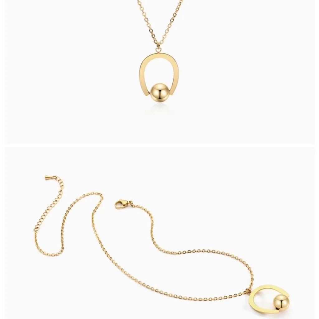 Adjustable stainless steel bead chain necklace with geometric pendant in gold electroplated finish