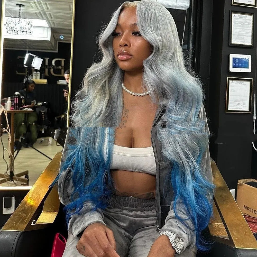 Grey blue gradient human hair lace front wig with 150% density on a model.