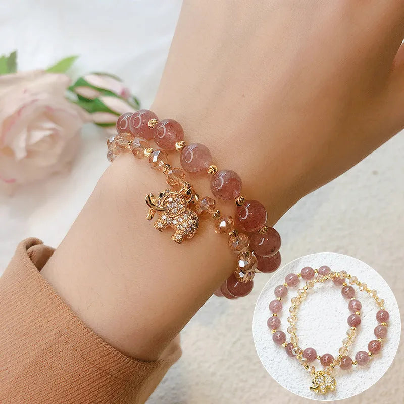 Retro women's crystal hair bracelet with 521 colour hair crystal and strawberry quartz stones