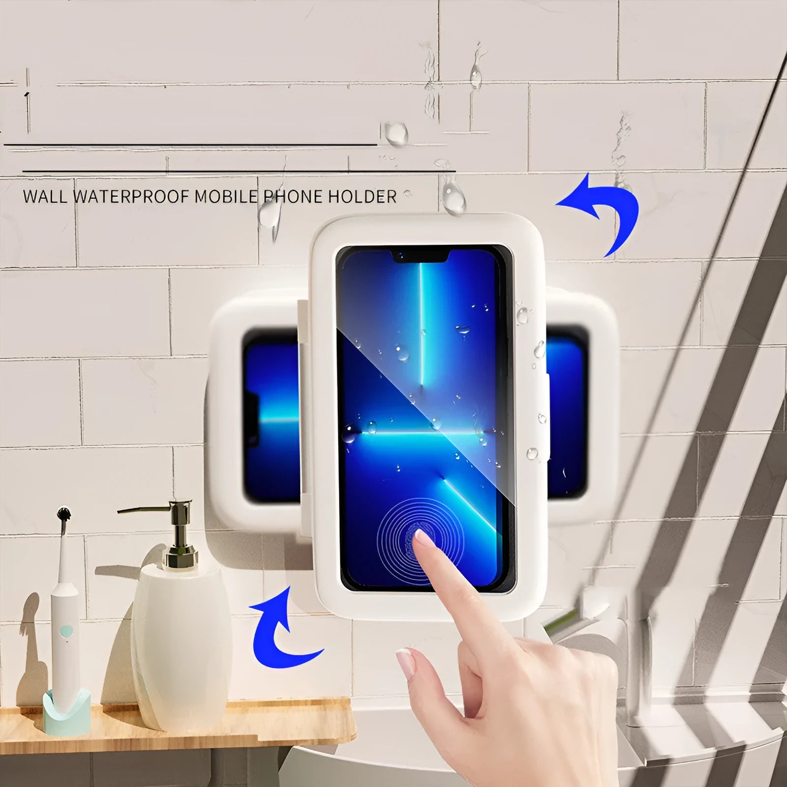 Waterproof phone holder for bathroom and kitchen with touch screen and anti-fog window