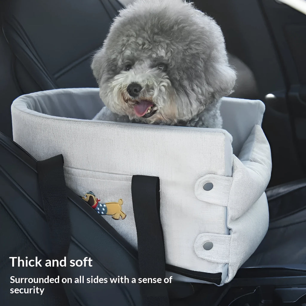 Small dog car centre console pet pad in dark gray linen-style cloth for travel comfort