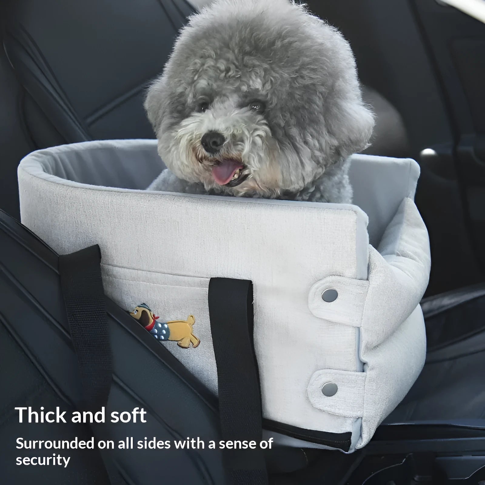Small dog car centre console pet pad in dark gray linen-style cloth for travel comfort