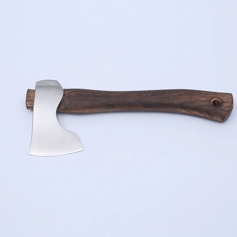 Camping axe with high carbon steel head and wooden handle for outdoor woodcutting