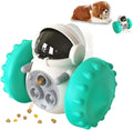 Robot-shaped self-balancing dog treat tumbler toy for small pets on a floor.