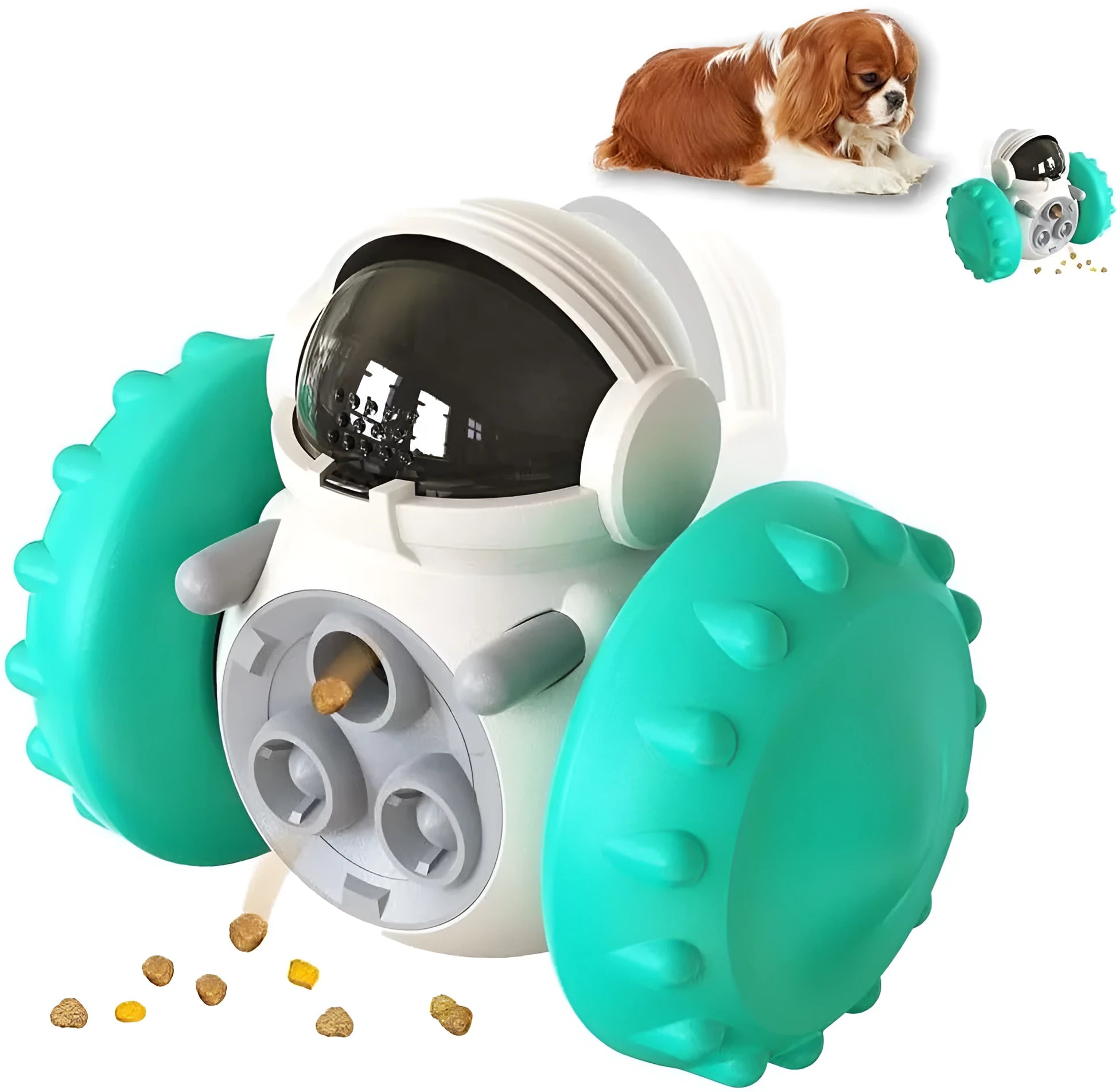 Robot-shaped self-balancing dog treat tumbler toy for small pets on a floor.