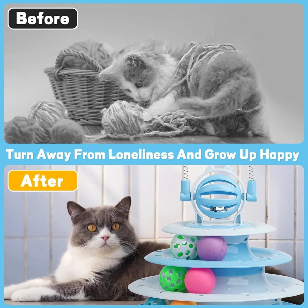Blue 4-tier interactive cat puzzle toy carousel with six coloured balls and two teasing rods.