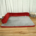 Corduroy pet sofa dog bed in grey, showing removable cover and non-slip base, placed on a hardwood floor.