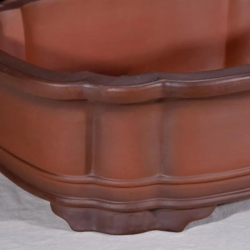 Large oval antique-finish purple clay flowerpot in Chinese style for bonsai trees.