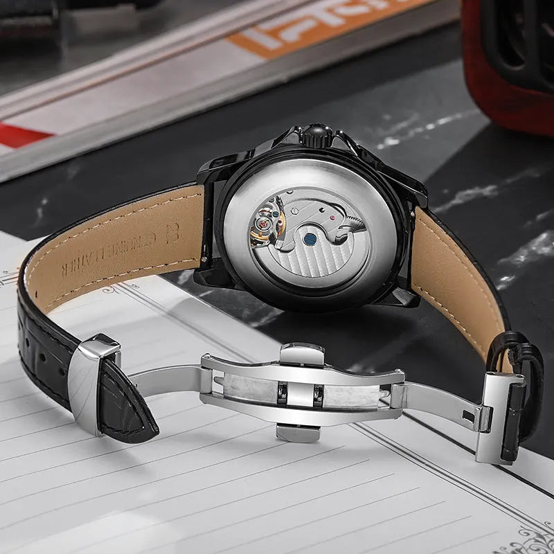 Men's automatic watch showing black and white colour options with leather strap and steel bracelet.