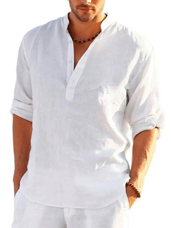 British style striped short sleeve shirt in bamboo hemp fabric on a hanger.