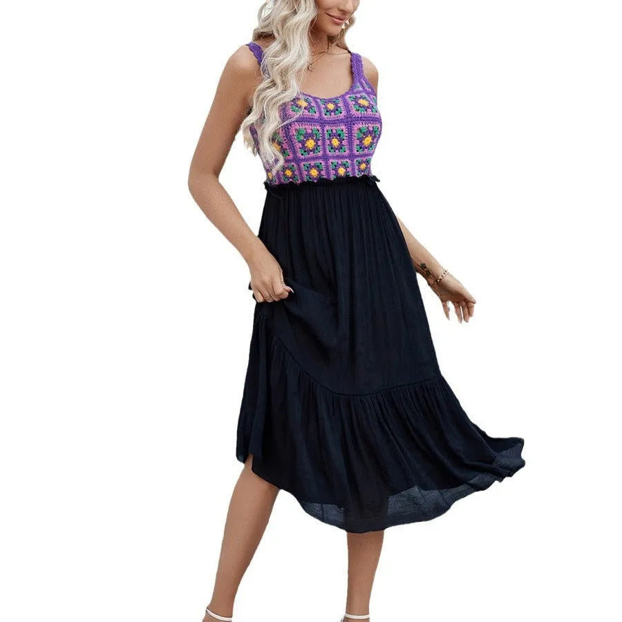 Purple sleeveless dress with detailed hand-hooked flower embroidery on cotton blend fabric.