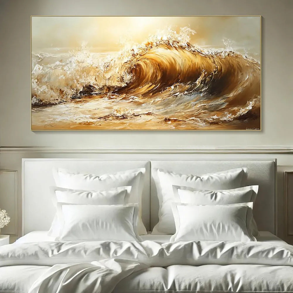 Handmade oil painting canvas abstract yellow waves landscape modern home decor framed