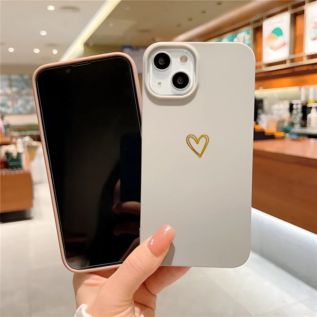Grey brown silicone phone case for iPhone with hot stamping love heart design on the back.
