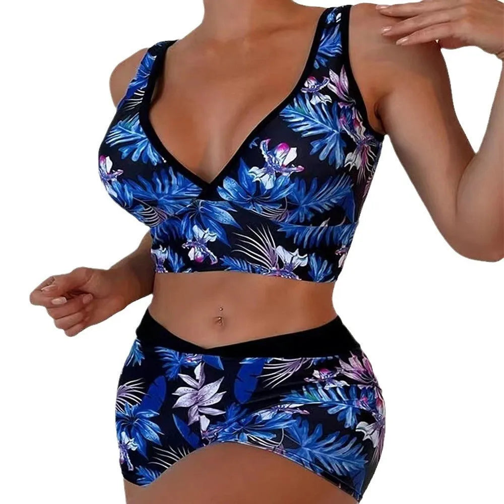 Women's printed two-piece swimsuit with sleeveless top and boxer-style briefs in multiple colours