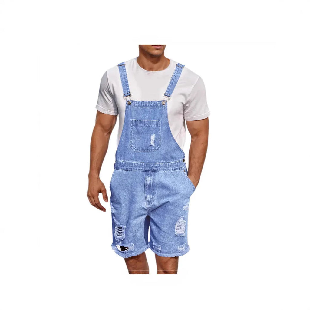 Men's ripped denim suspender shorts in straight-leg style with cotton fabric