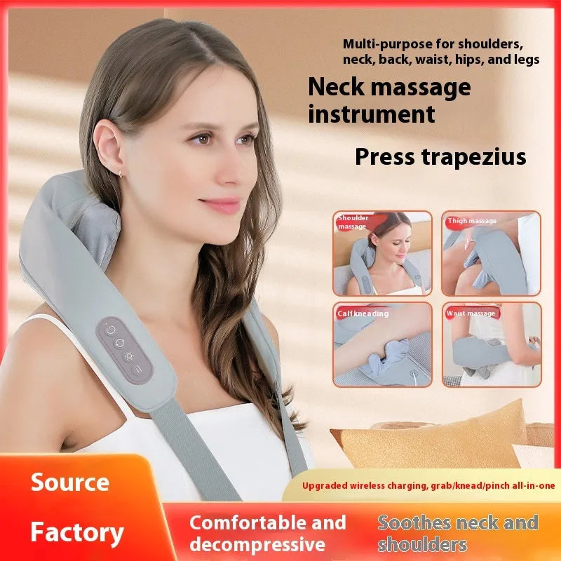 Grey elastic fabric neck massager with USB charging cable showing infrared physiotherapy function