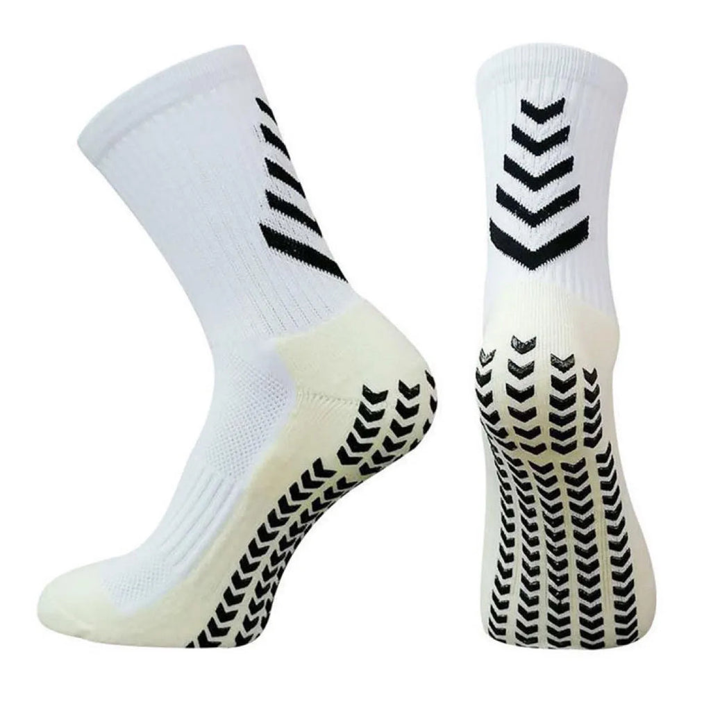 Men's mid-calf athletic socks with geometric patterns and non-slip silicone grip