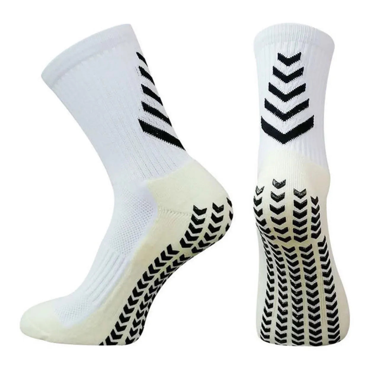 Men's mid-calf athletic socks with geometric patterns and non-slip silicone grip