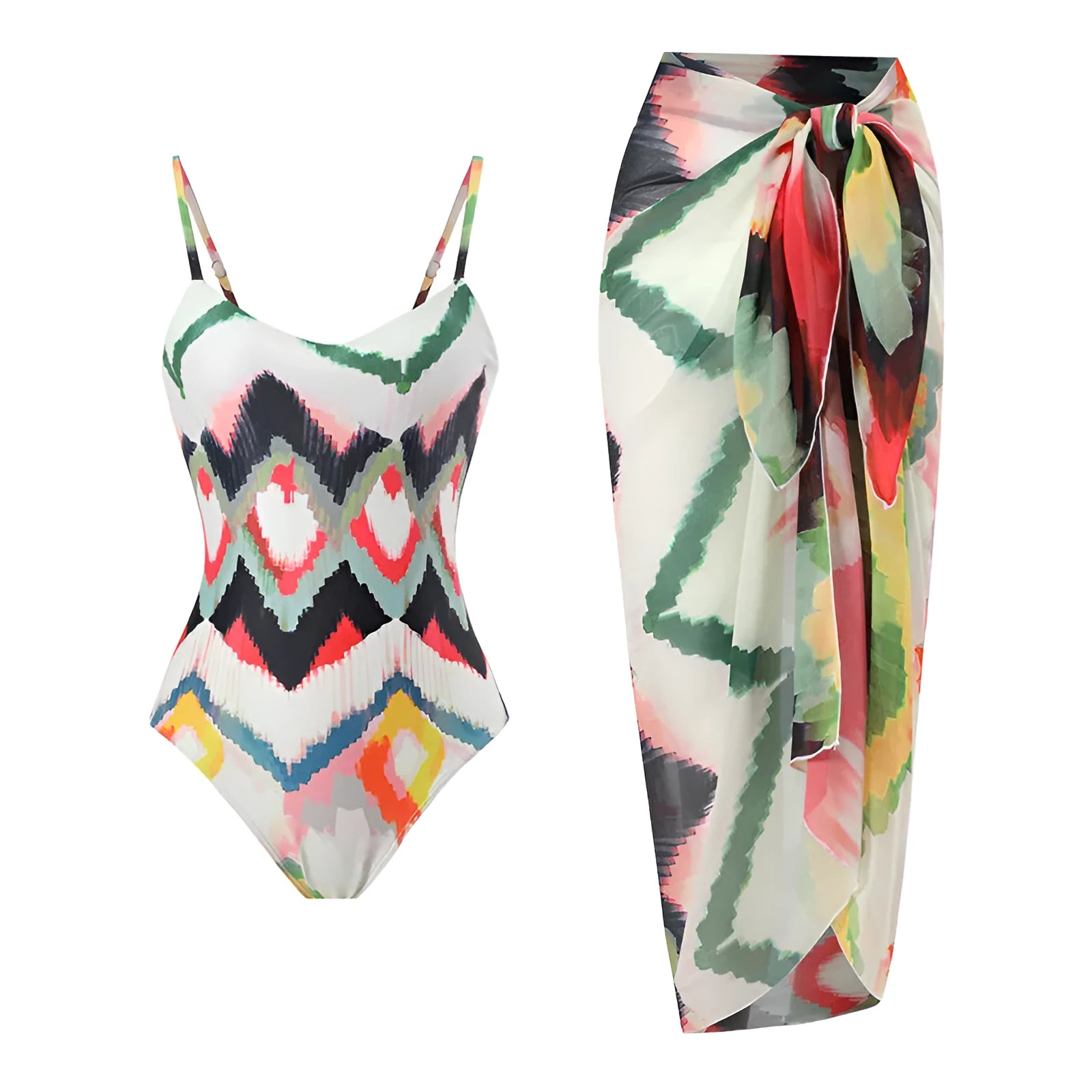 Women's two-piece beach swimsuit with matching hip skirt in striped pattern