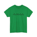 Green cotton short-sleeve top with white letter print pattern on a hanger
