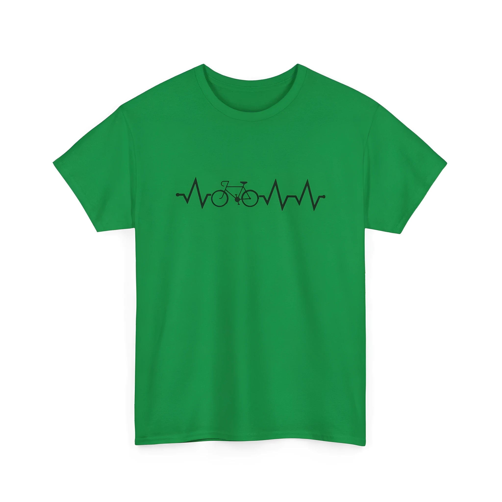 Green cotton short-sleeve top with white letter print pattern on a hanger