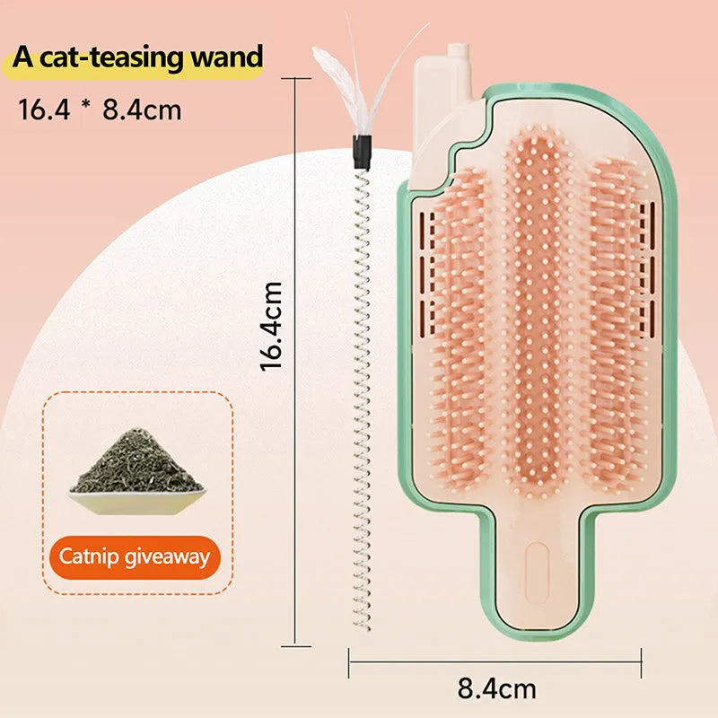 Ice cream cone shaped cat scratching post with grooming arch and feather attachments