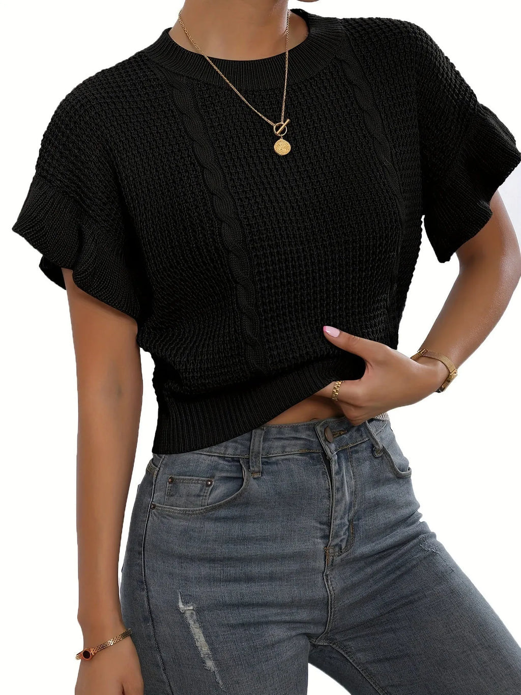 Knitted pullover sweater with ruffled short sleeves in Japanese Korean casual style
