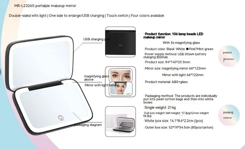 Portable LED make-up mirror with light in black showing double-sided design