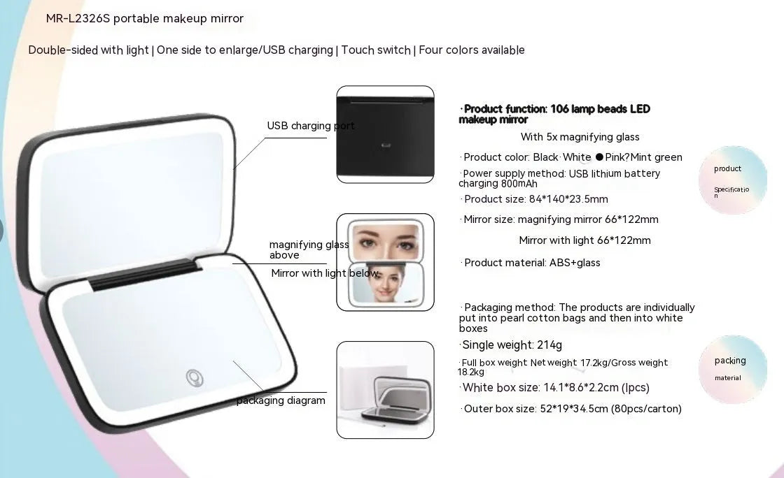 Portable LED make-up mirror with light in black showing double-sided design