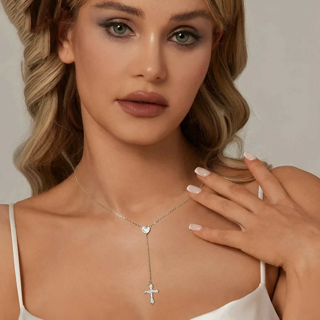 925 sterling silver Love Cross pendant necklace with V-neck design on an O-ring chain.