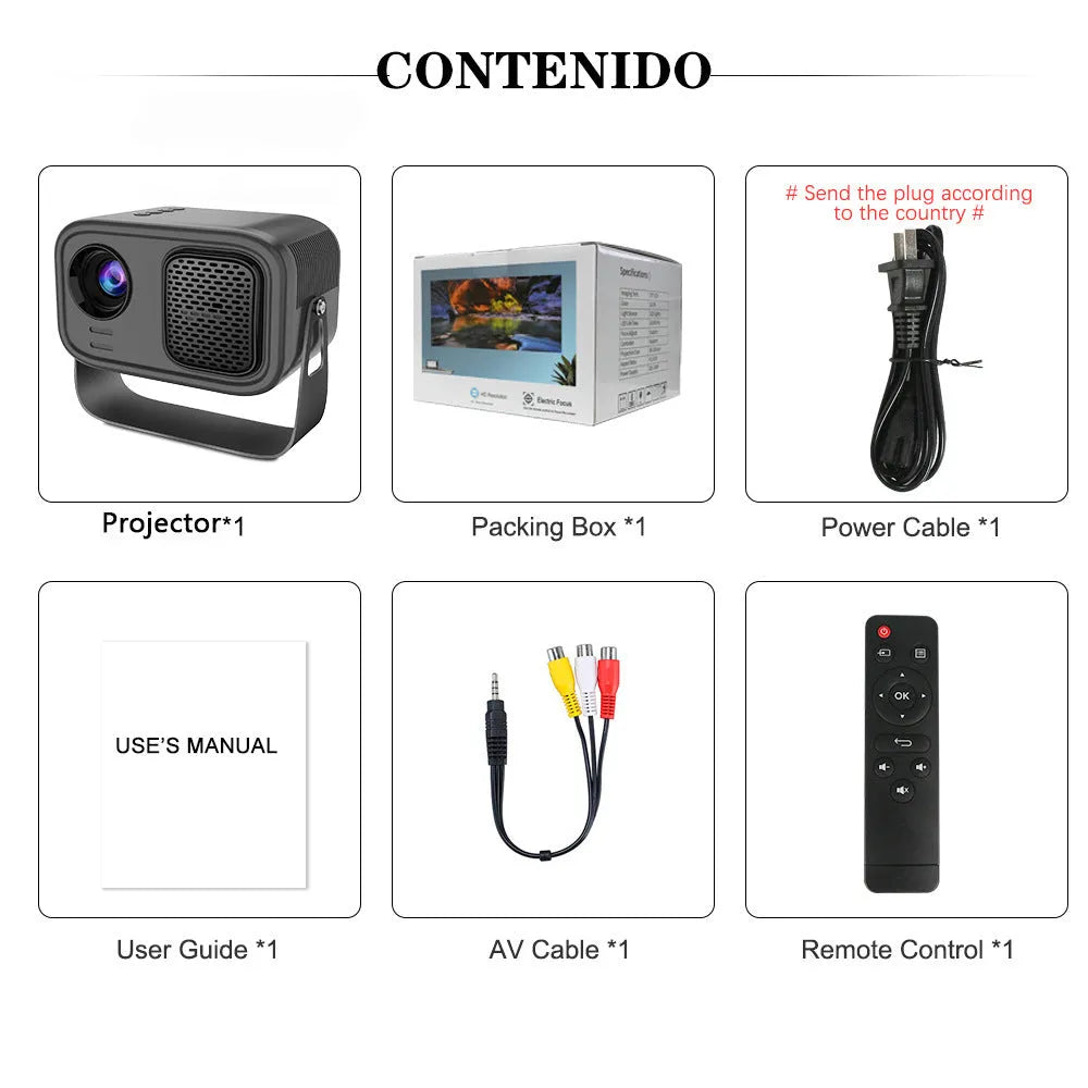 Black HD smart portable projector with remote control on table
