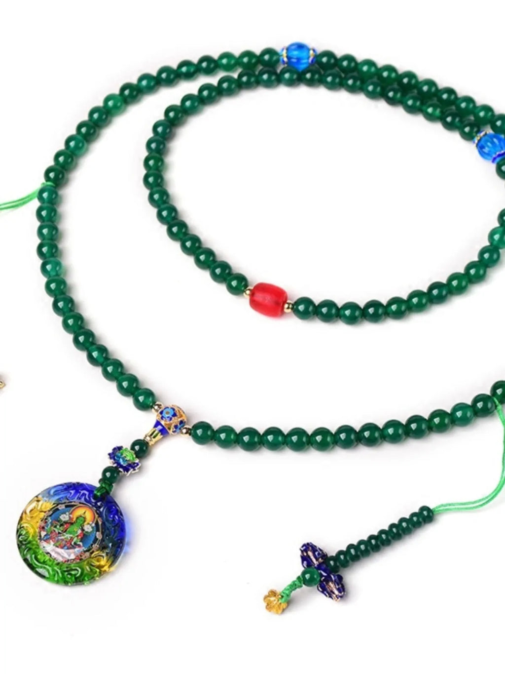 Natural green agate 108 bead multi-circle bracelet with Thangka design and certificate