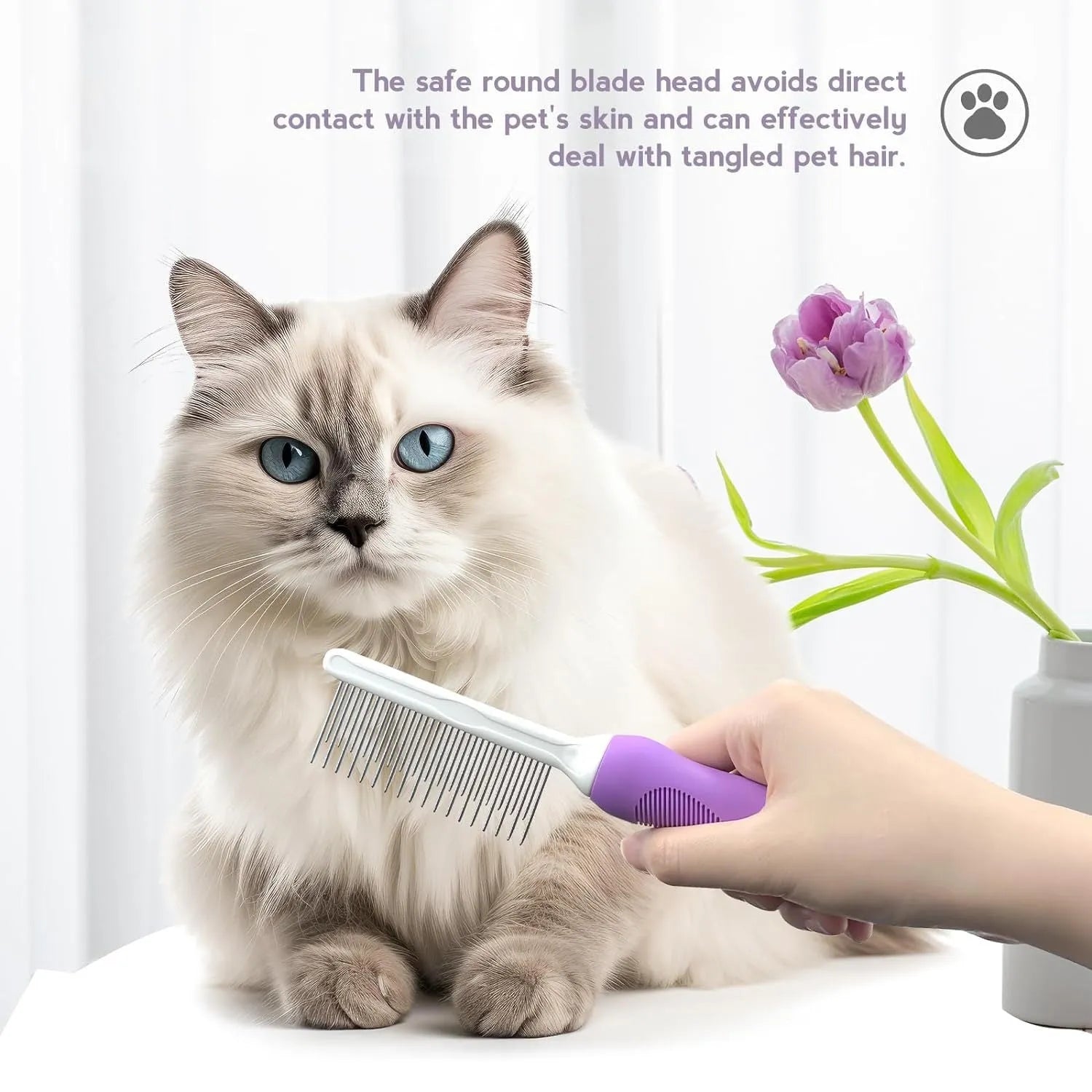 Purple pet grooming comb with stainless steel long and short teeth on an ergonomic handle.