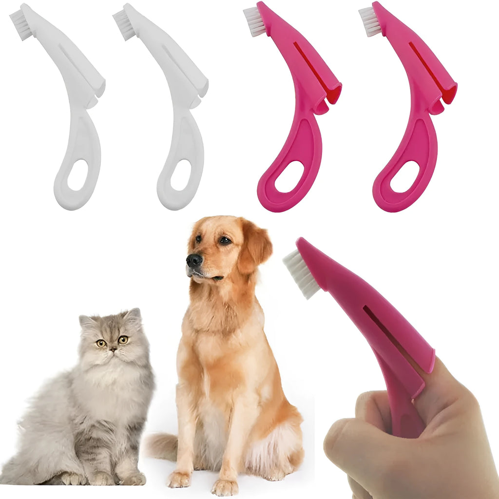 Red and white finger-sleeve pet toothbrush with soft silicone bristles for dog and cat dental cleaning.