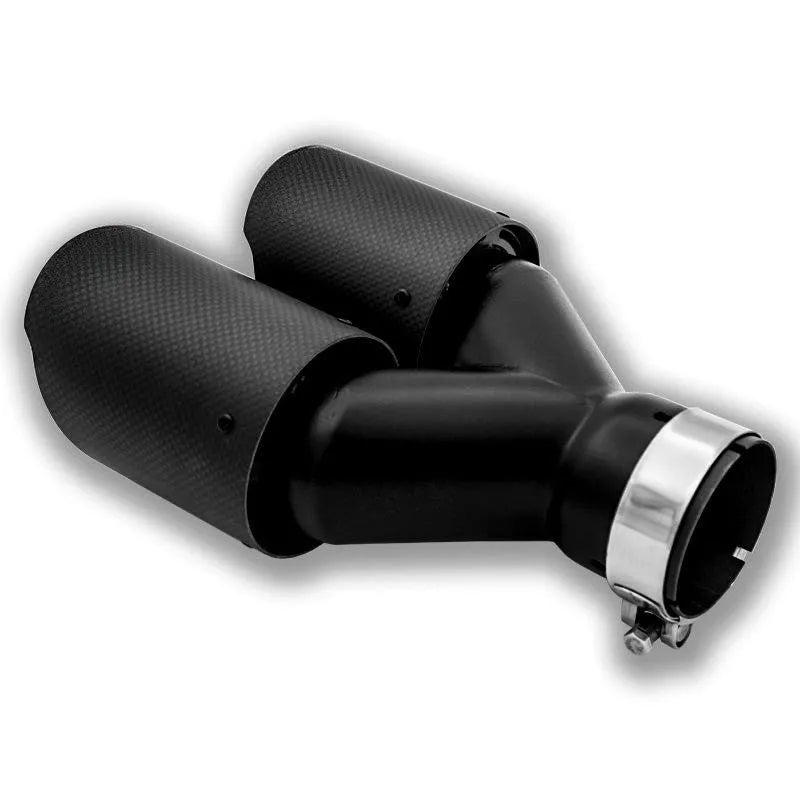 Black carbon fibre car exhaust pipe with dual outlet nozzle tail design