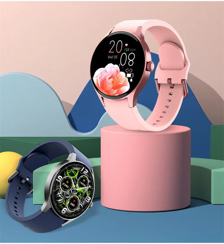 Black smart sport watch with a round touchscreen on a wrist, showing a fitness tracking interface.