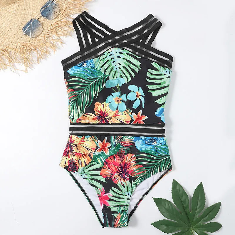 One-piece printed bikini swimsuit in black flower colour with polyester fabric and built-in chest pads