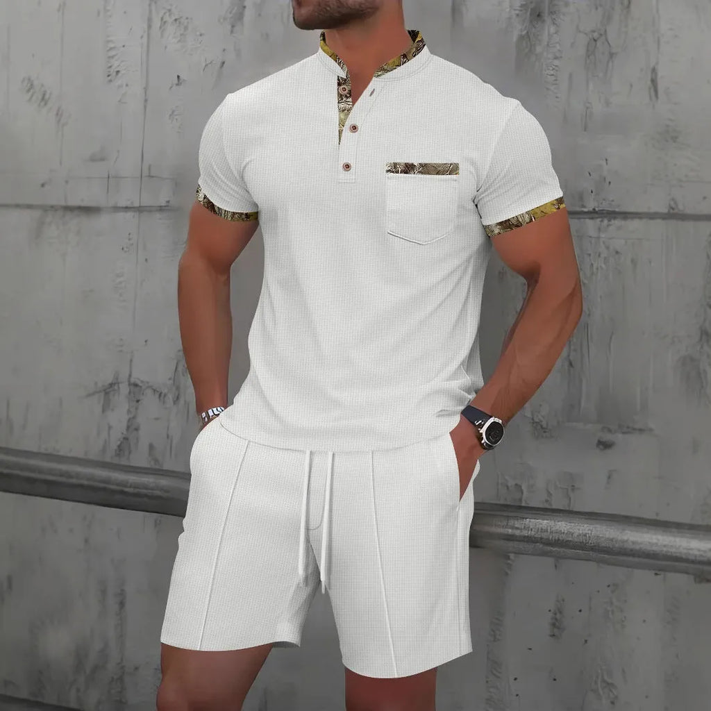Men's gray cotton blend zipper polo collar short sleeve suit with matching shorts for summer