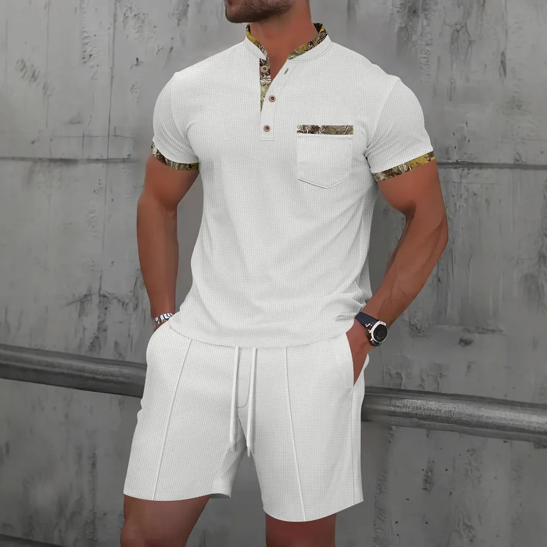Men's gray cotton blend zipper polo collar short sleeve suit with matching shorts for summer
