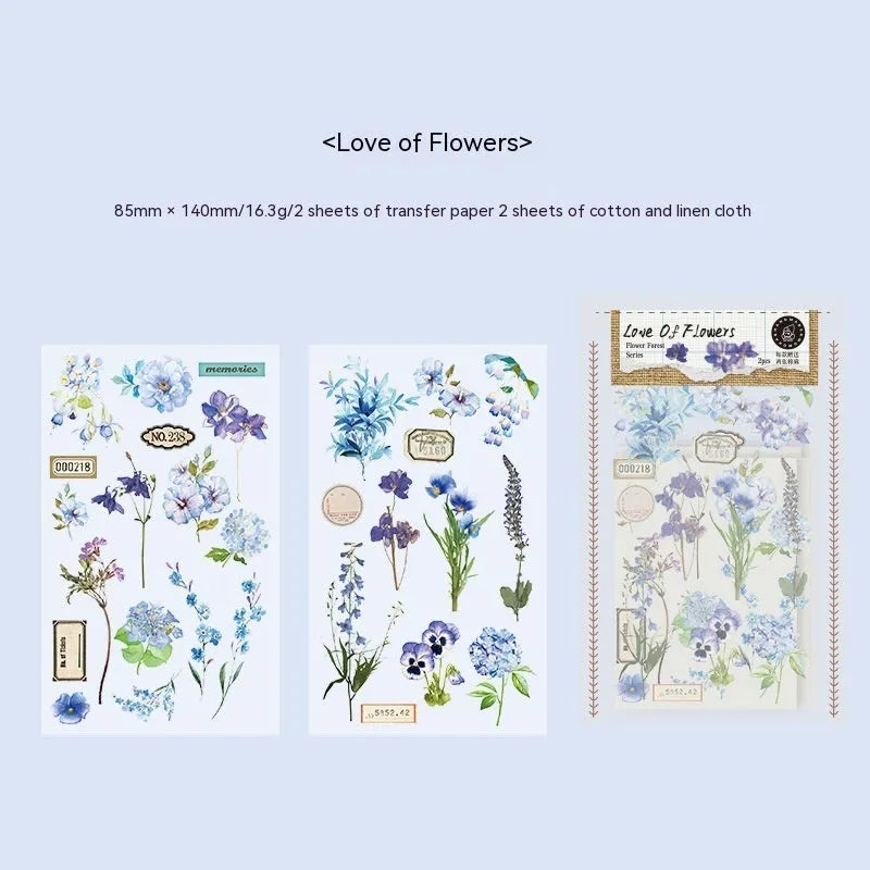 Huazhisen sticker pack showing six colour designs: Dusk Time, Fan Love Of Flower, Purple Flower Fragrance, Quiet Forest, Romantic Light Year, Twilight Mark.