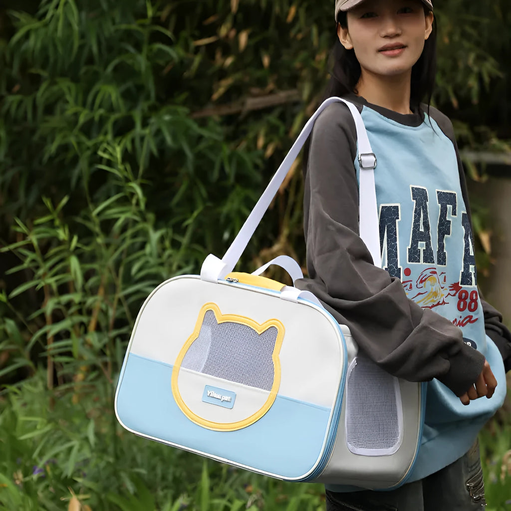 Foldable cat backpack carrier in blue colour with breathable Oxford cloth construction and 15 jin capacity