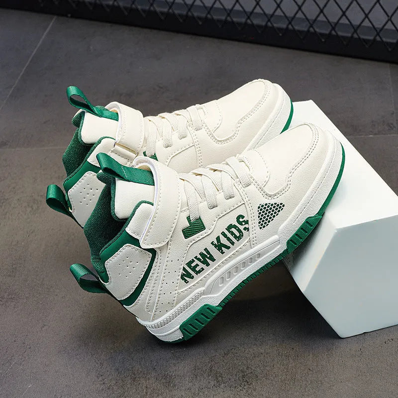 Children's beige green outdoor sneakers with a buckle closure and rubber sole.
